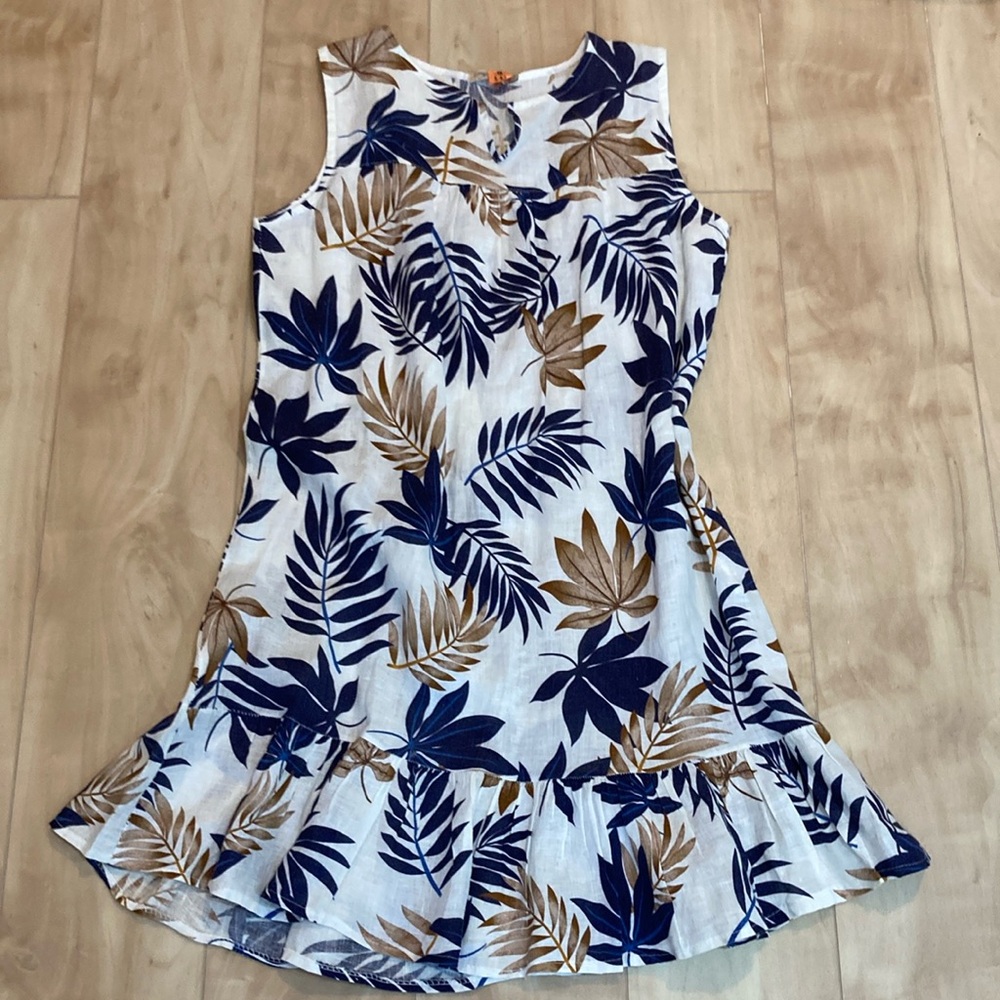 Sleeveless White Dress with Navy & Tan Leaf Print